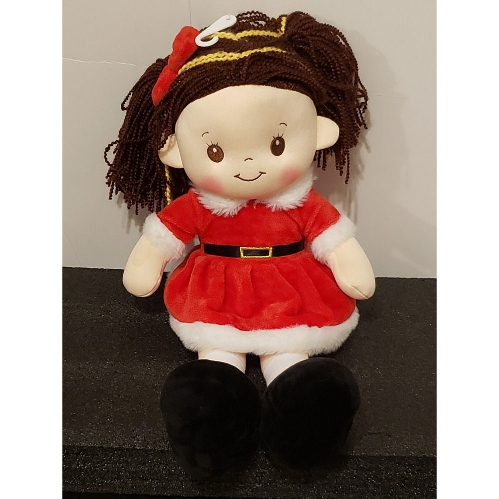 Linzy Toys Little Girl Plush Christmas Doll Brown‎ Hair Holiday Red Dress HTF